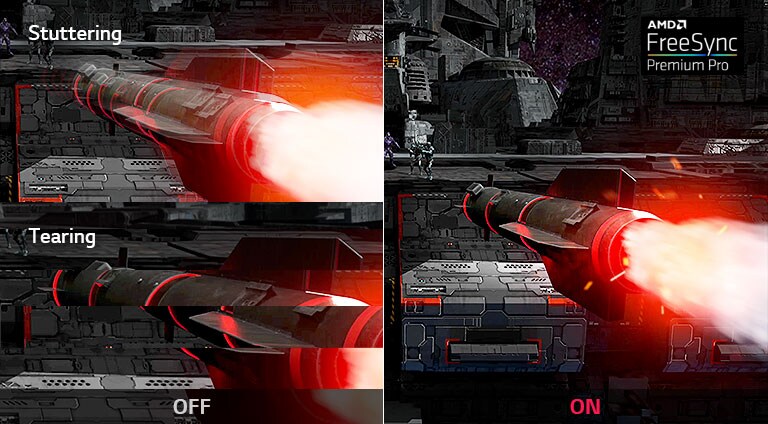 Gaming motion with AMD FreeSync™ Premium Pro versus OFF
