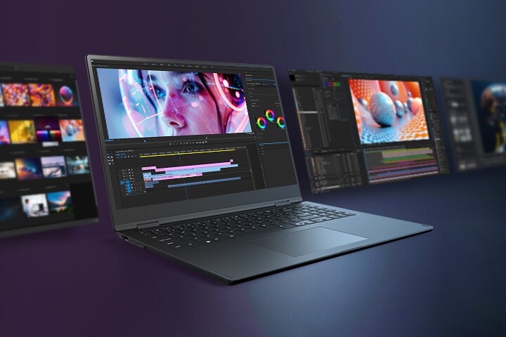 Ein eleganter Laptop wird mit einer lebendigen Videobearbeitungsoberfläche auf dem Bildschirm präsentiert, umgeben von zusätzlichen Bildschirmen, die verschiedene kreative Arbeitsabläufe zeigen.