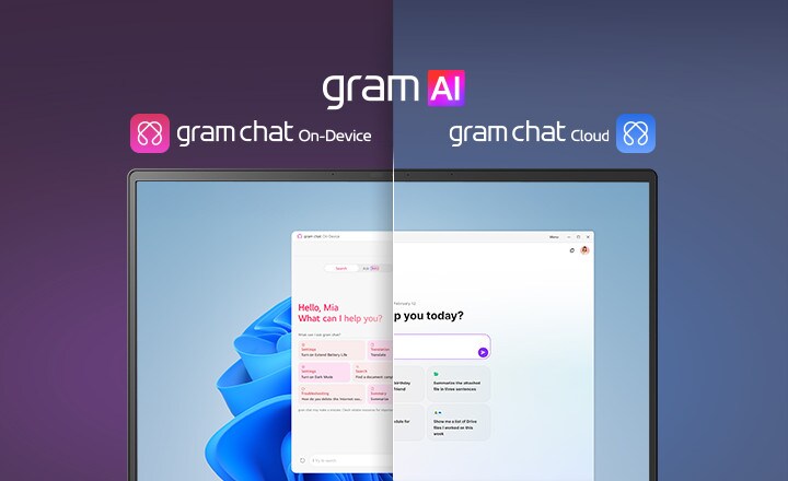 A split-screen image showcasing 'gram AI' with two distinct modes: 'gram chat On-Device' on the left, represented by a pink icon, and 'gram chat Cloud' on the right, represented by a blue icon. The screen displays an AI interface, symbolizing seamless AI functionality across both modes.