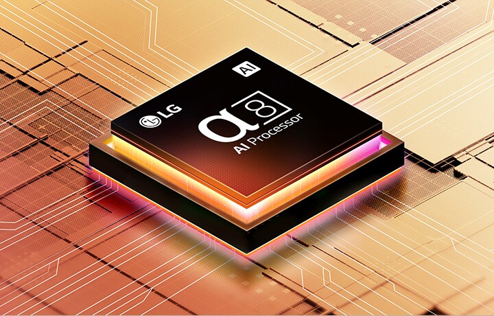 alpha 8 AI Processor chip visible with LG logo on an orange-lit mechanical plate.