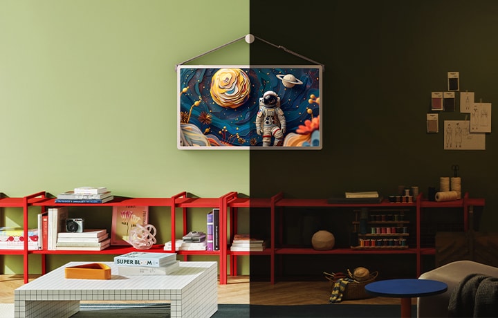 StanbyME 2 mounted on a wall in a modern living space split between daytime and nighttime settings.