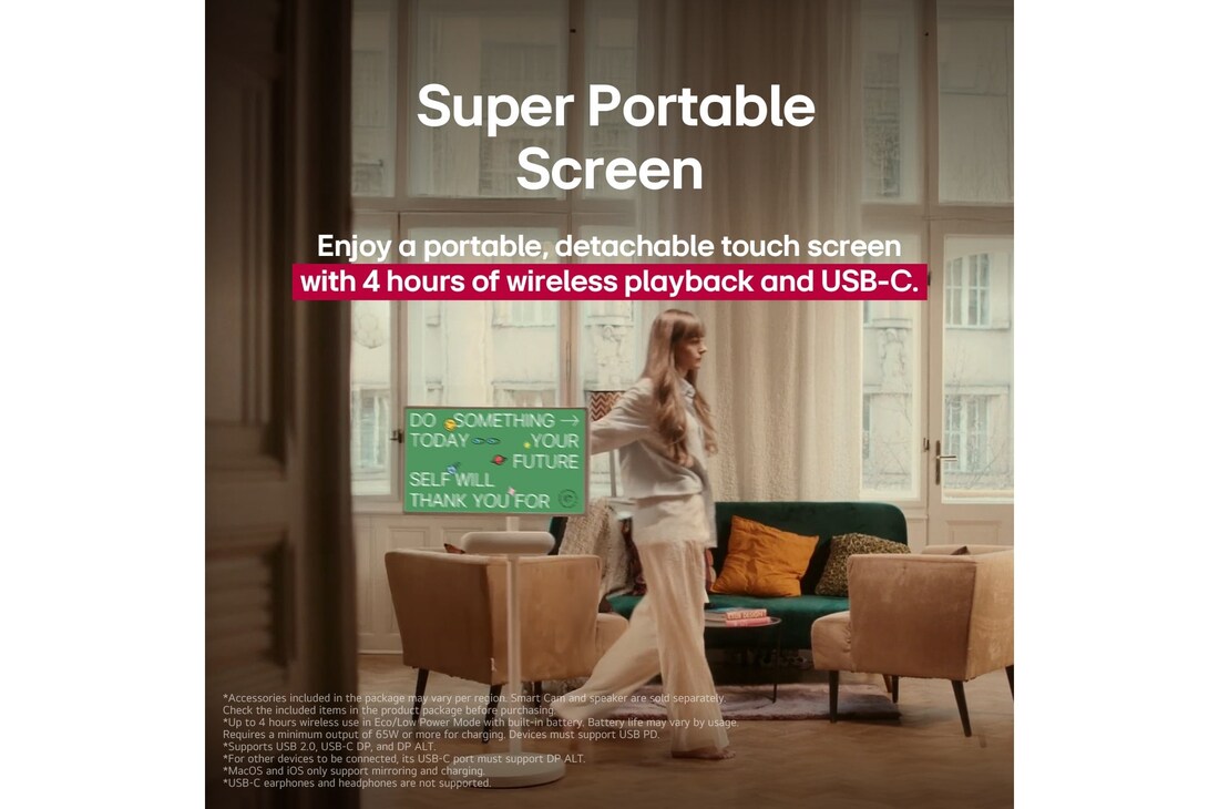 A person rolling their LG StanbyME 2 using the TV stand. The text explains how the Super Portable Screen has 4 hours of wireless playback and USB-C.