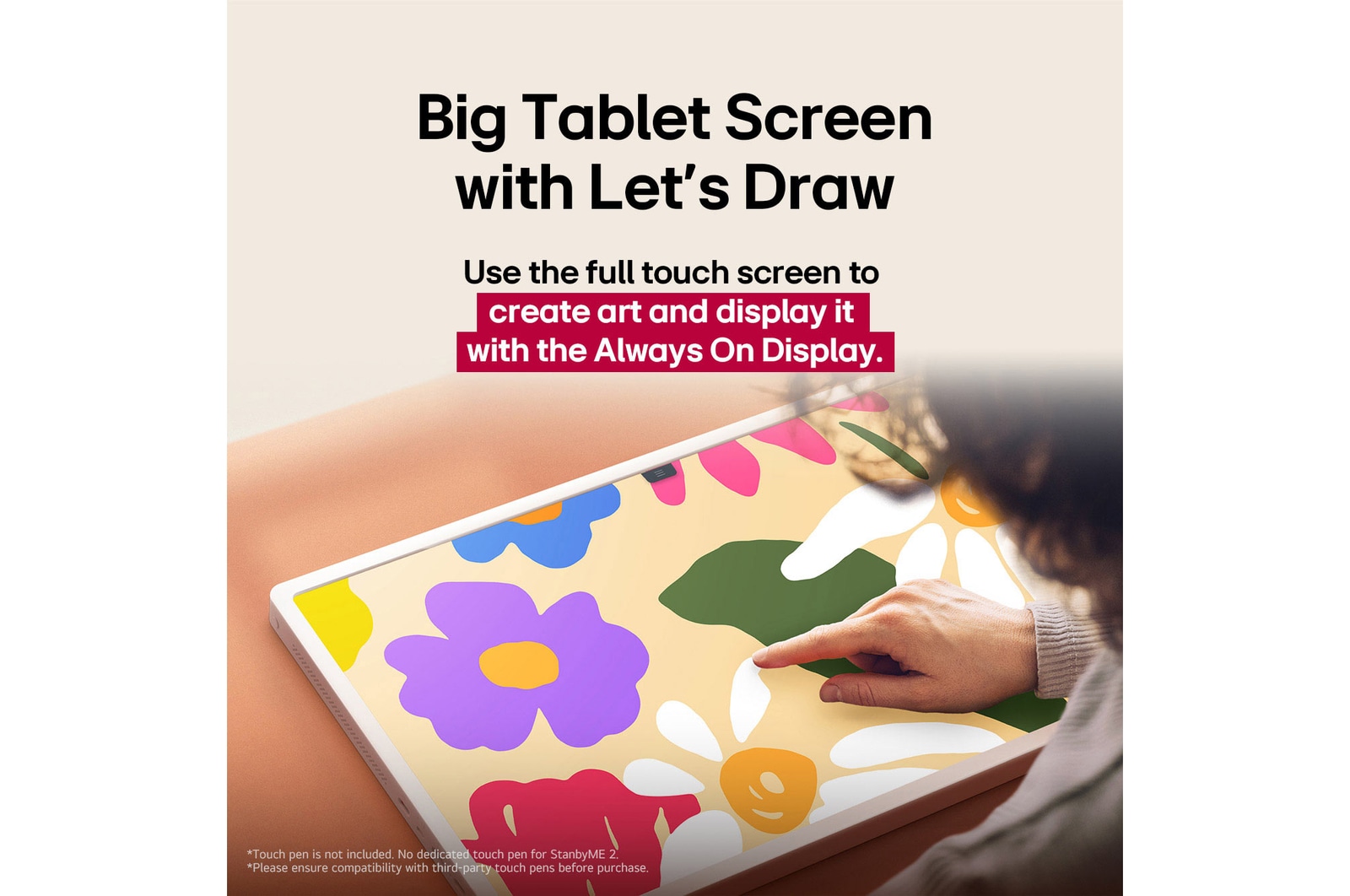 LG StanbyME 2 is on a table. Let's Draw is in use. A person is creating artwork using just their finger and the touchscreen. The text talks about how you can use your screen as a digital canvas and display artwork through the Always On Display.