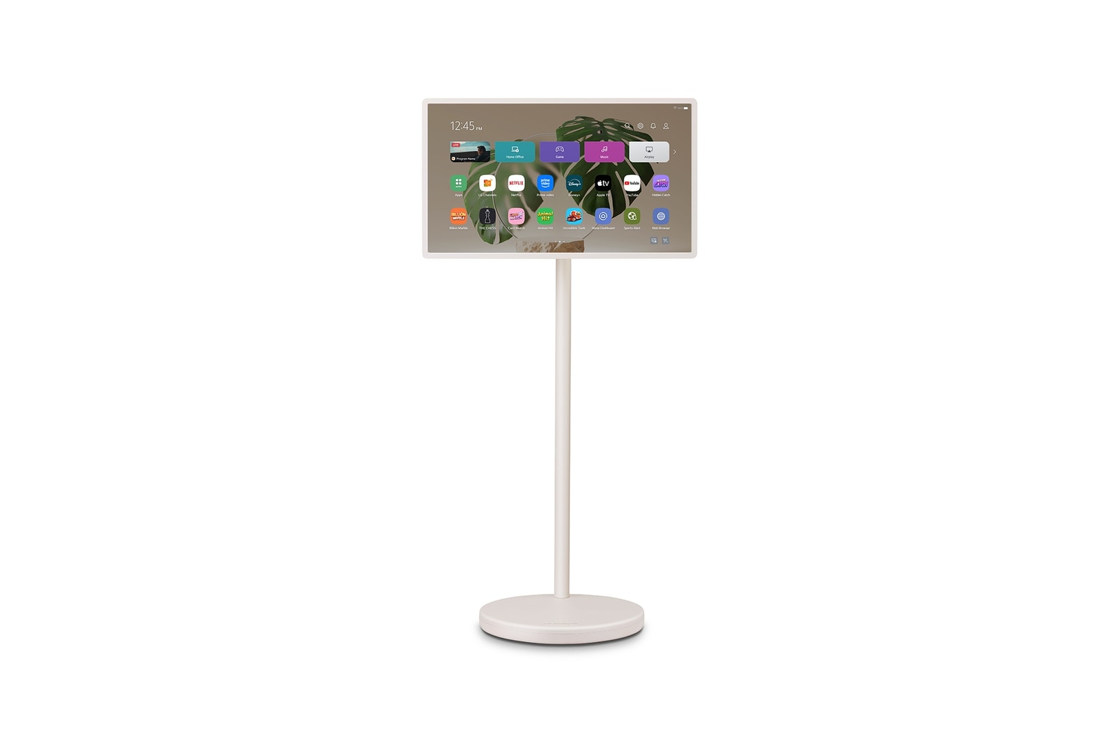 Front view of LG StanbyME 2 on the stand.