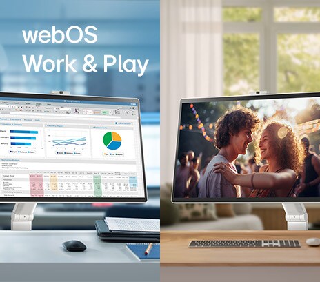 In the left image, a LG Smart Monitor Swing in an office displays various charts, while in the right image, a LG Smart Monitor Swing at home is playing a movie.