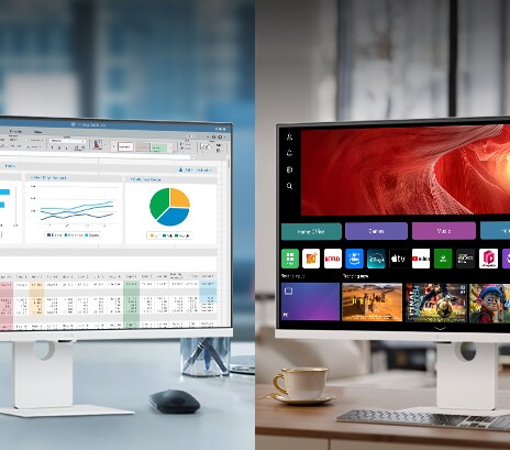 A photo showcasing LG Smart Monitors in a office and home.
