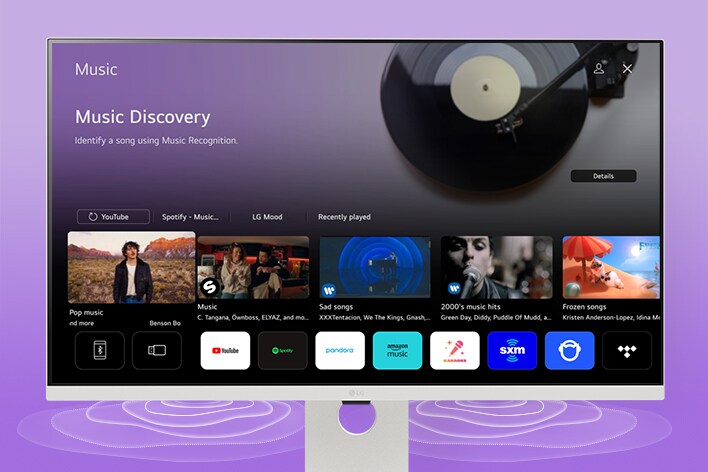 The LG Smart Monitor screen displays the music apps interface.