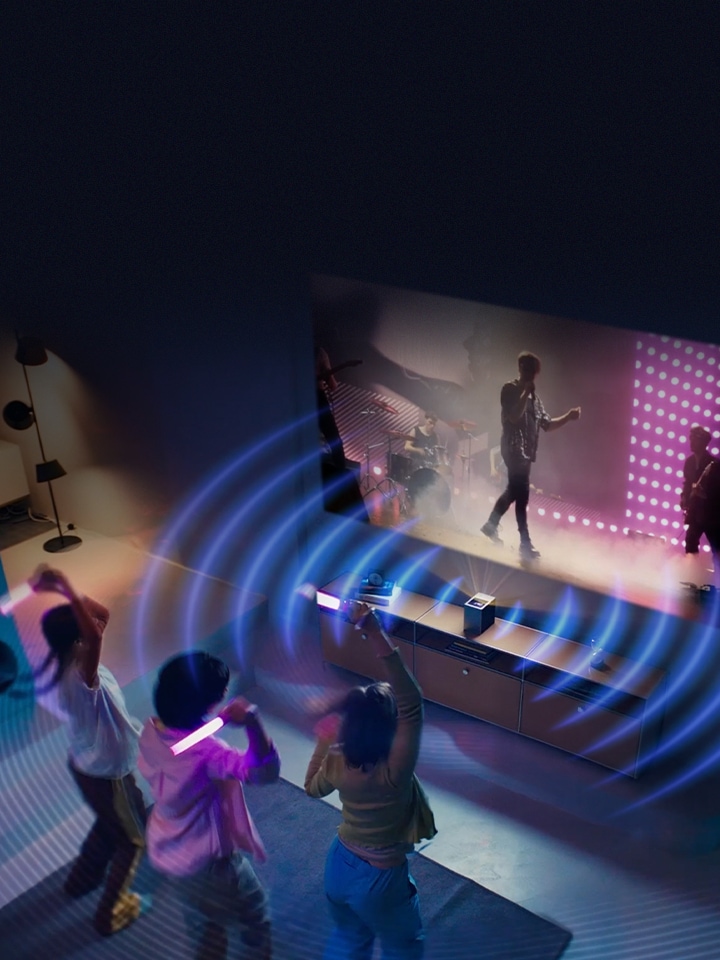 Blue soundwave graphic coming out of LG CineBeam projector