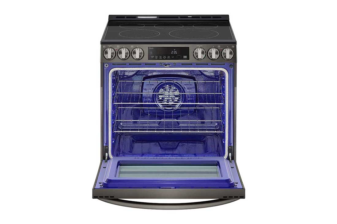 LG 30" Elec. 6.3 cu ft. Range | Fan Convection, Air Fry , SelfClean, EasyClean®& Smart, Black Stainless, Slide-in, LSEL6333D