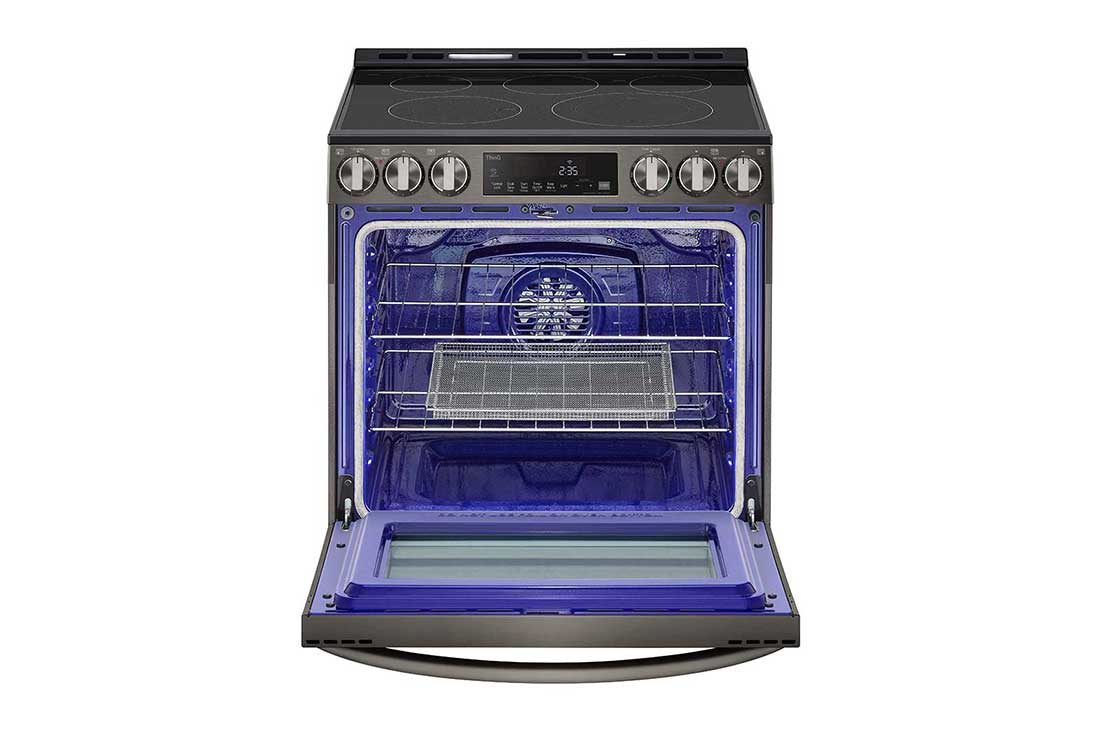 LG 30" Elec. 6.3 cu ft. Range | Fan Convection, Air Fry , SelfClean, EasyClean®& Smart, Black Stainless, Slide-in, LSEL6333D