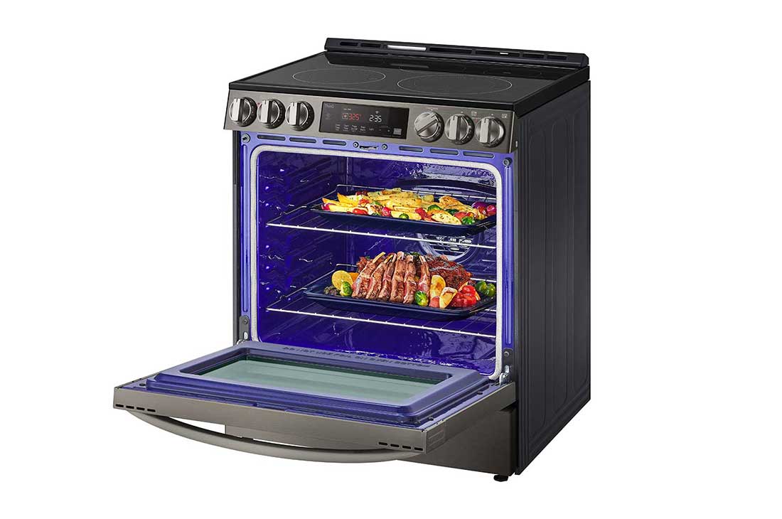 LG 30" Elec. 6.3 cu ft. Range | Fan Convection, Air Fry , SelfClean, EasyClean®& Smart, Black Stainless, Slide-in, LSEL6333D