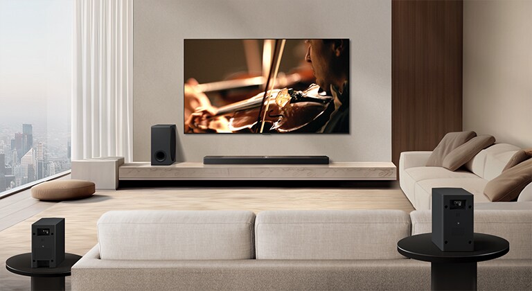 LG Soundbar, LG TV, a subwoofer and rear speakers are in a modern city apartment. The background gets dimmed, and the grid overlay appears over the image from LG TV, like a scan of the space. A dotted line extends from one of the rear speaker, to show the two rear speakers are in a linear fashion. White beads of sound come together to make waves, filling the room with sound.