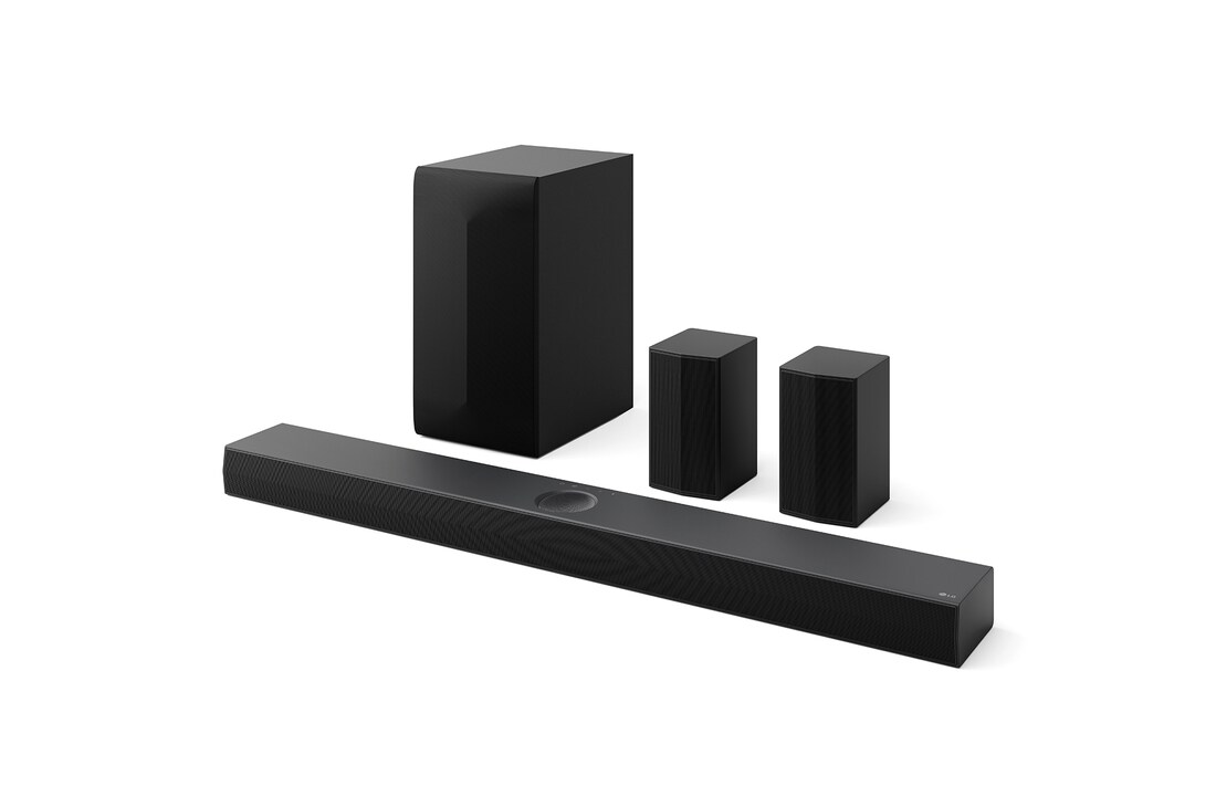 Angled view of LG Soundbar S70TR, subwoofer, and Rear Speakers