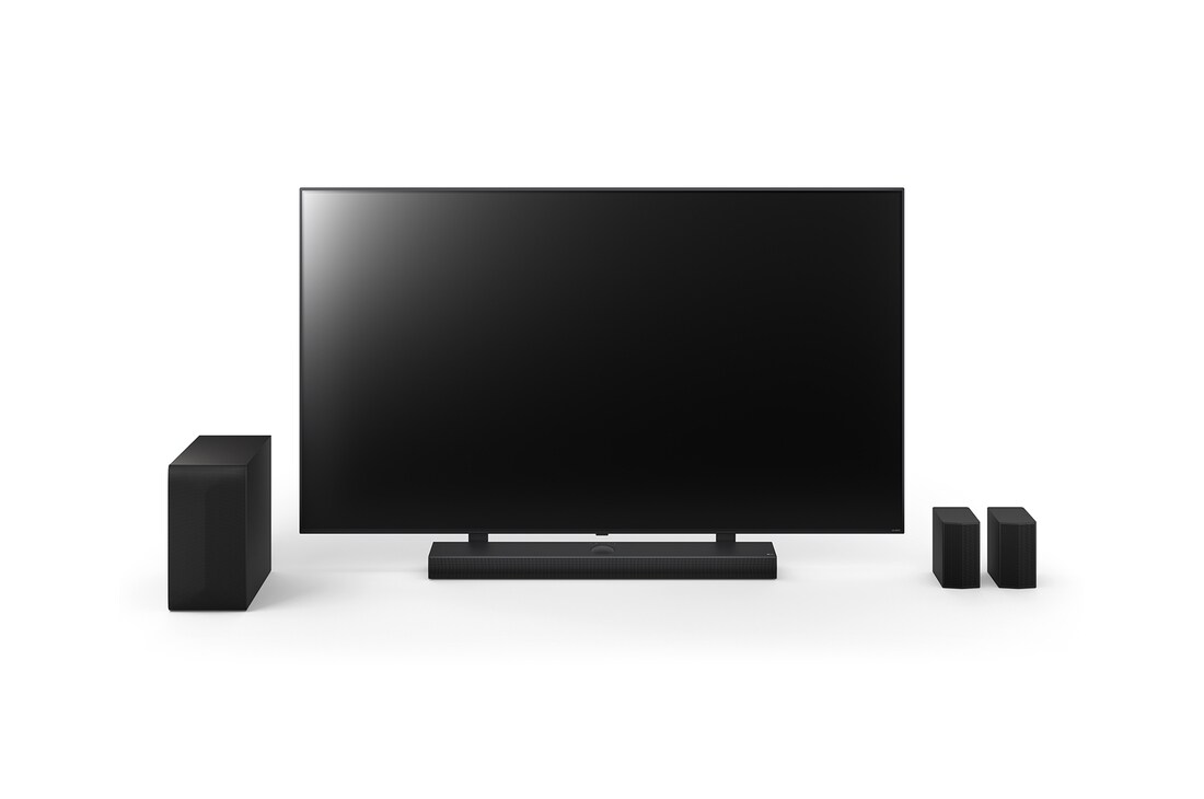 Front view of 75inch LG QNED, LG Soundbar S70TR, Rear Speakers, and subwoofer