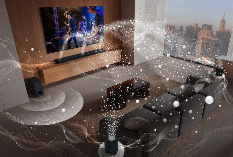 LG TV, LG Soundbar, rear speakers and a subwoofer are in a living room of a skyscraper, playing a musical performance. White soundwaves made up of droplets project from the soundbar and rear speakers, looping around the sofa and living space. A subwoofer is creating a sound effect from the bottom. Dolby Atmos logo DTS X logo