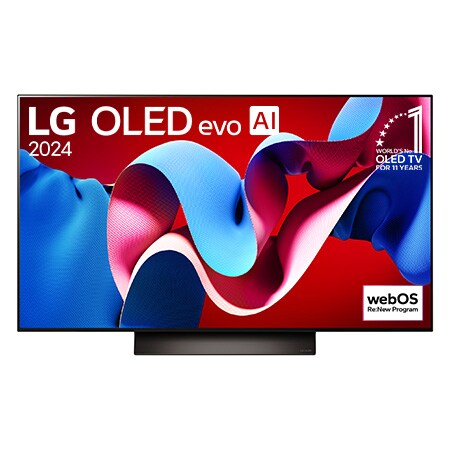 Front view of 48 Inch LG OLED evo AI C4 4K Smart TV 2024 OLED48C4PUA, with 11 Years of world number 1 OLED Emblem and webOS Re:New Program logo on screen.