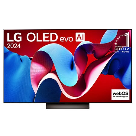 Front view of 55 Inch LG OLED evo AI C4 4K Smart TV 2024, OLED55C4PUA, with 11 Years of world number 1 OLED Emblem and webOS Re:New Program logo on screen.