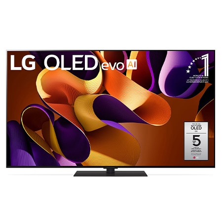 Front view of 55 Inch LG OLED evo AI G4 4K Smart TV 2024 OLED55G4SUB, with 11 Years of world number 1 OLED Emblem and 5-Year Panel Warranty logo on screen.