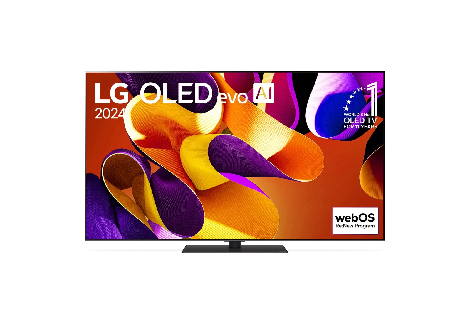 Front view with LG OLED evo TV, OLED G4, 11 Years of world number 1 OLED Emblem, and 5-Year Panel Warranty logo on screen