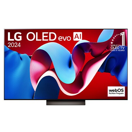 Front view of 65 Inch LG OLED evo AI C4 4K Smart TV, OLED65C4PUA, with 11 Years of world number 1 OLED Emblem and webOS Re:New Program logo on screen