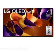 Front view of 77 Inch LG OLED evo AI G4 4K Smart TV 2024 OLED77G4WUA, with 11 Years of world number 1 OLED Emblem and 5-Year Panel Warranty logo on screen.