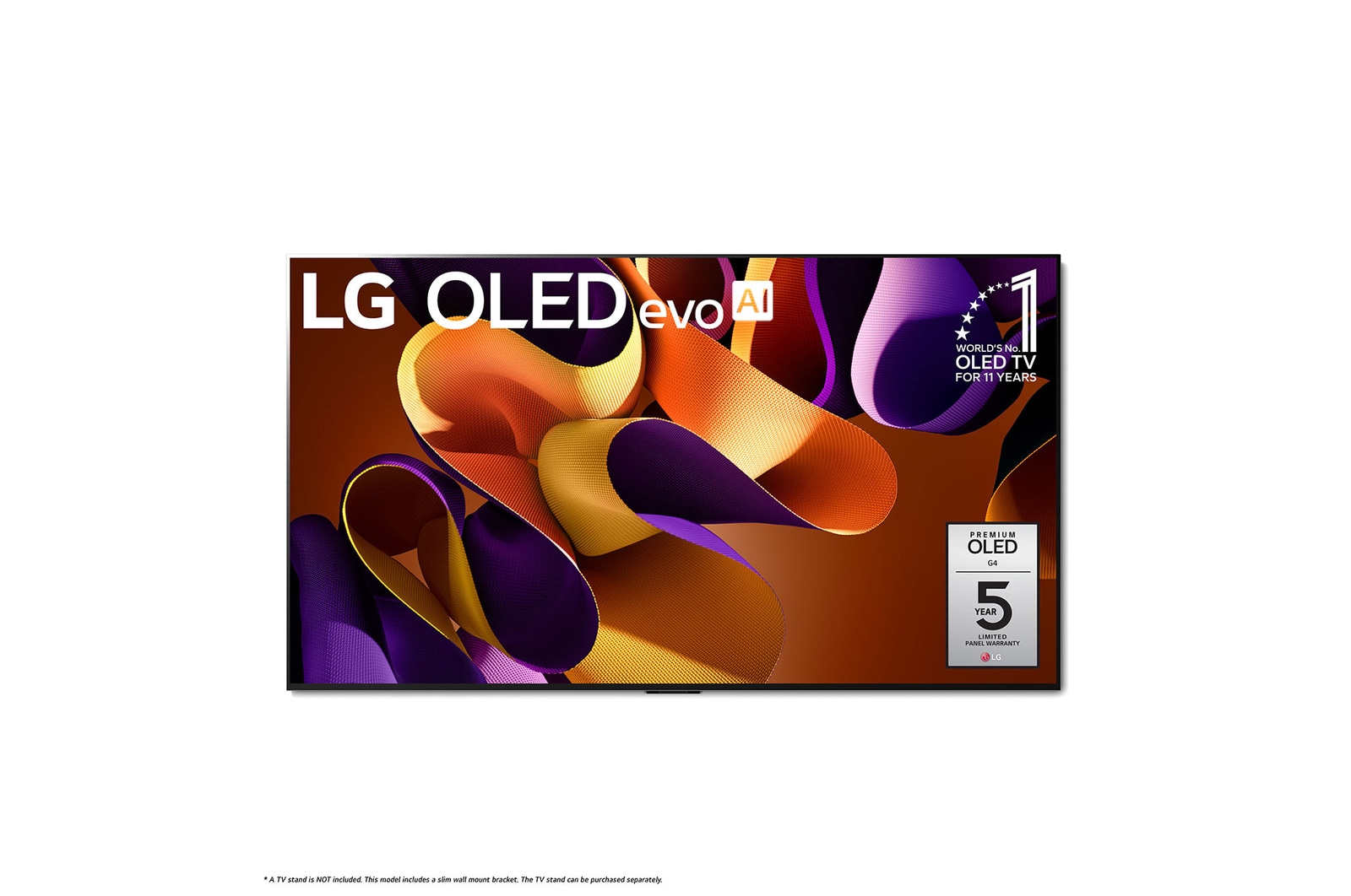 Front view of 77 Inch LG OLED evo AI G4 4K Smart TV 2024 OLED77G4WUA, with 11 Years of world number 1 OLED Emblem and 5-Year Panel Warranty logo on screen.