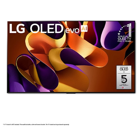 Front view of 77 Inch LG OLED evo AI G4 4K Smart TV 2024 OLED77G4WUA, with 11 Years of world number 1 OLED Emblem and 5-Year Panel Warranty logo on screen.