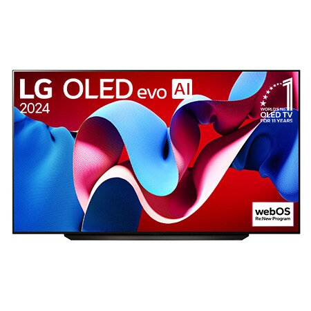 Front view of LG C4 OLED evo AI 4k 83 Inch TV, OLED83C4PUA, with 11 Years of world number 1 OLED Emblem and webOS Re:New Program logo on screen