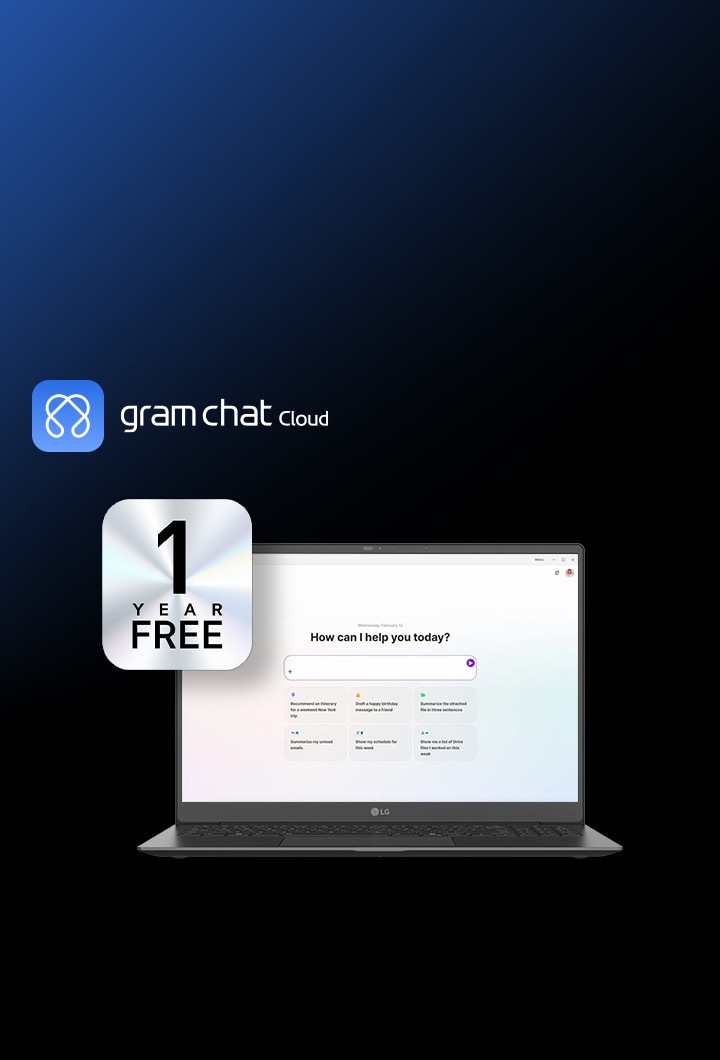 Zu sehen ist ein Notebook-Bildschirm mit der Nutzeroberfläche von LG gram chat Cloud AI – angetrieben durch GPT-4o. Ebenfalls zu sehen mit ein WLAN-Icon und einem Button für ein „1 Jahre kostenlos“-Angebot.