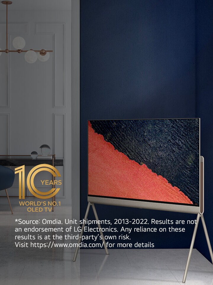 An image of LG OLED evo G3 on the wall of a modern and quirky New York City apartment with a romantic night scene playing on the screen.  10 Year World's No.1 OLED TV emblem. 