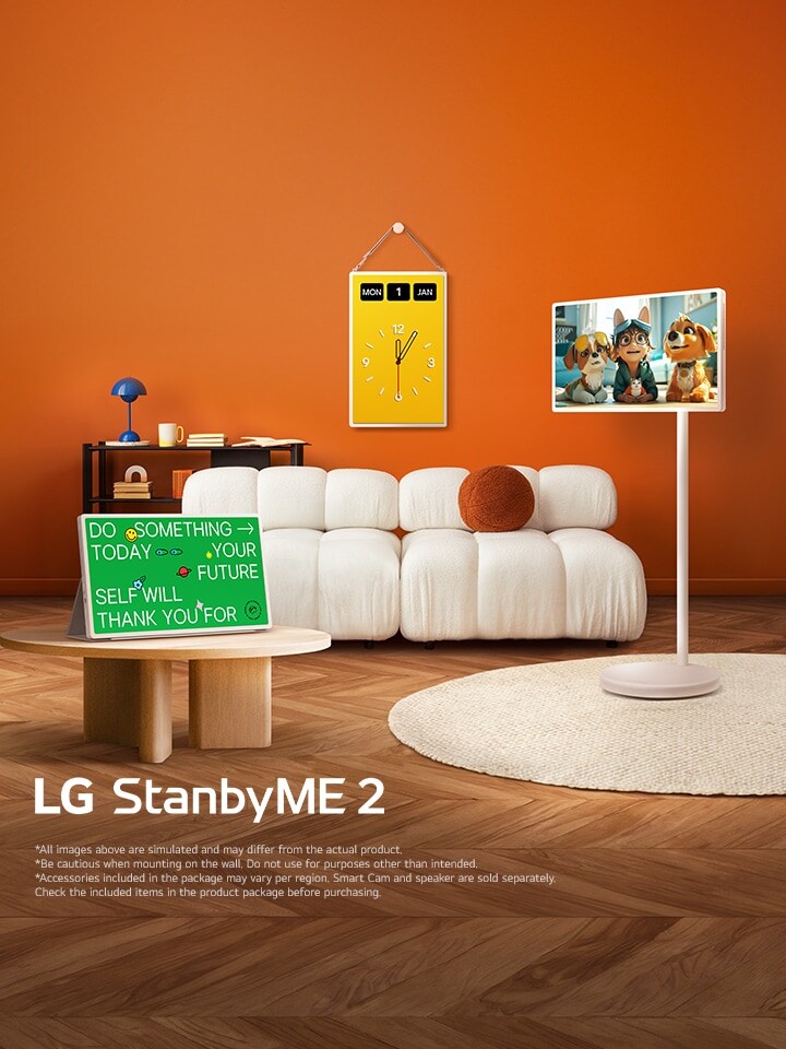 LG StanbyME 2 screens displayed in a modern living room. There is a StanbyME 2 on a stand, one is hung on the wall, and the other is propped up on a table using the folio cover.