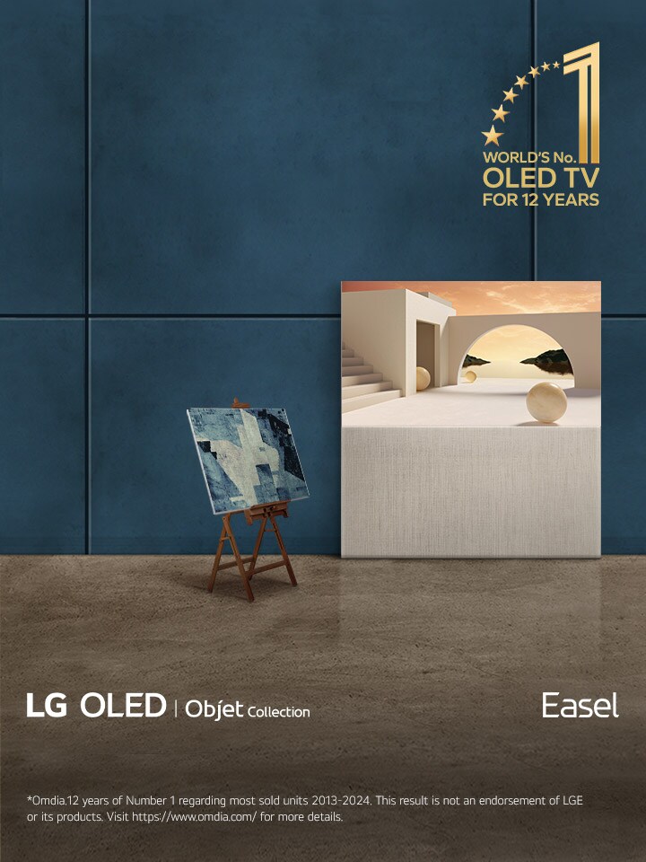 LG OLED Easel TV is propped up against a wall. Beside it is an actual painting on an easel. Because of the design of the TV, it looks like an actual artwork on easel. World’s No. 1 OLED TV for 12 years emblem is at the corner. LG OLED, Objet Collection and Easel product logos are also visible.