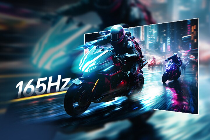 A monitor showing a high-speed motorcycle race on neon-lit city streets, highlighting smooth motion at 165Hz refresh rate.