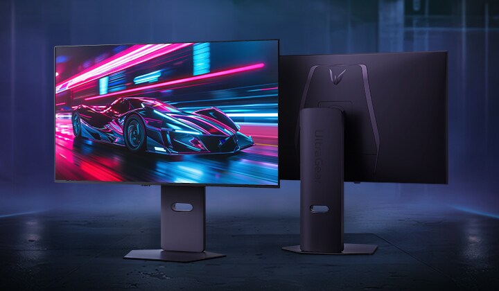Front and rear view of the UltraGear™ 32GX850A gaming monitor, displaying a futuristic racing scene on screen.