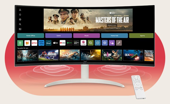 On the smart monitor screen, the webOS interface is displayed. Speaker waves emanate from the bottom corners of the monitor, and on the right side of the screen, there is a remote control.	