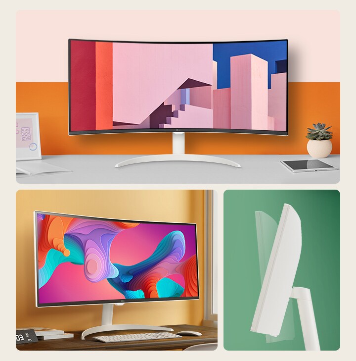There is a monitor with a thin bezel, displaying the screen at a -5-degree angle, providing a side view showcasing the tilt and exhibiting a stylish front view.