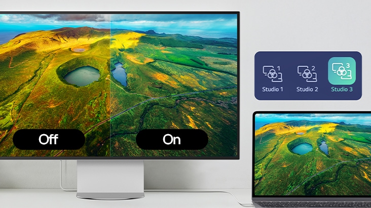 LG UltraFine evo 6K monitor connected with MacBook, showing Studio Mode feature that enables seamless color correction and matching across both screens.	