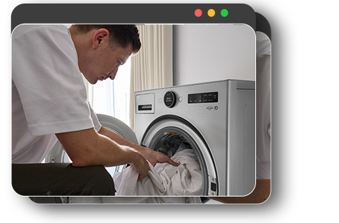 User putting clothes into washing machine and using smartphone app to start the wash remotely.