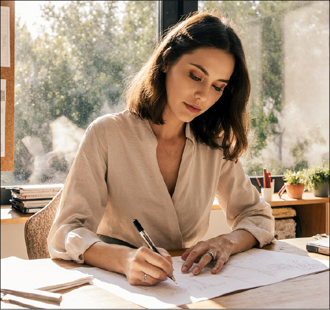 A woman dressed in white sits next to a desk with interior information spread out on it.