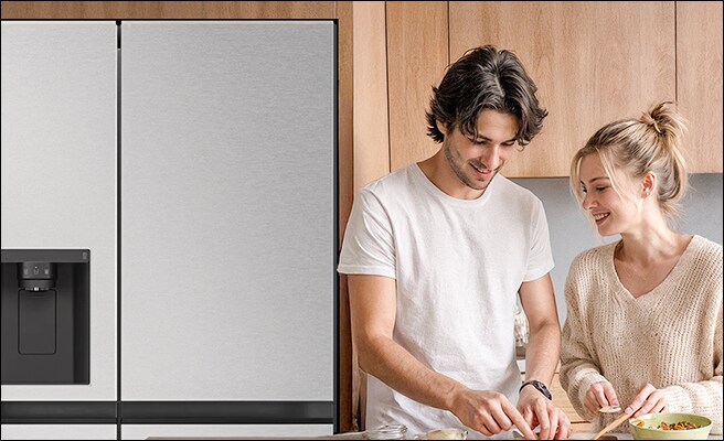 Two images of the inside of a refrigerator filled with ingredients and a couple cooking in the kitchen