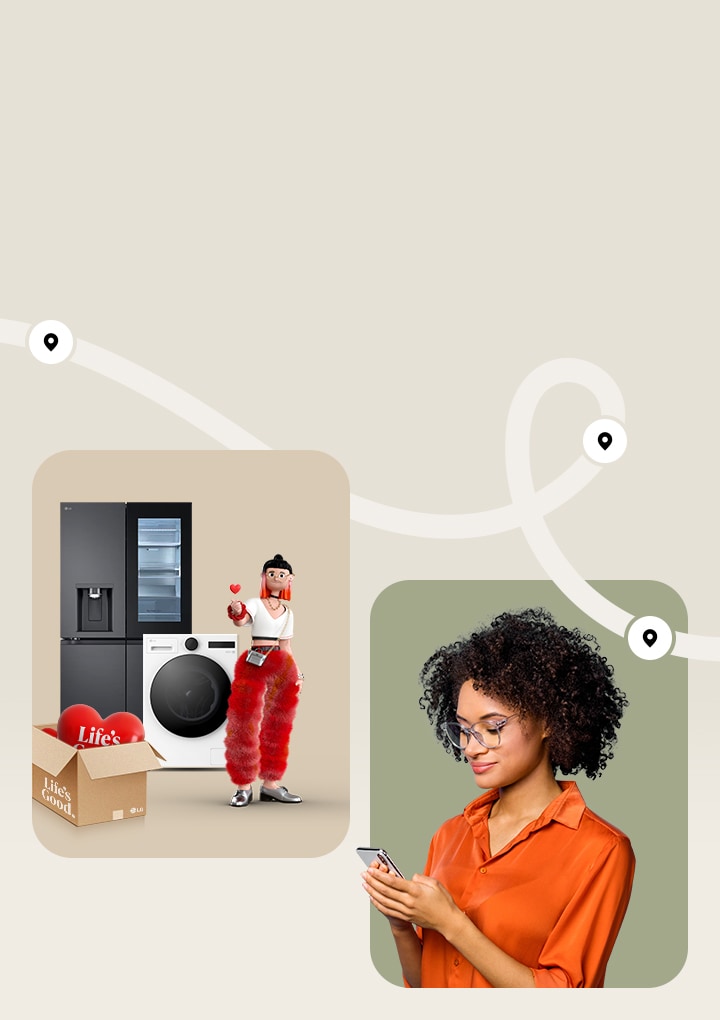 An LG refrigerator and washing machine next to a box filled with heart-shaped balloons labeled ‘Life’, with a character holding a heart and a woman using a smartphone connected by a curved line.