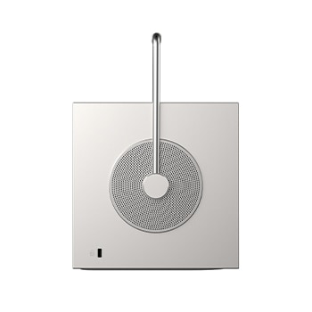 side view with circular speaker design and handle on top