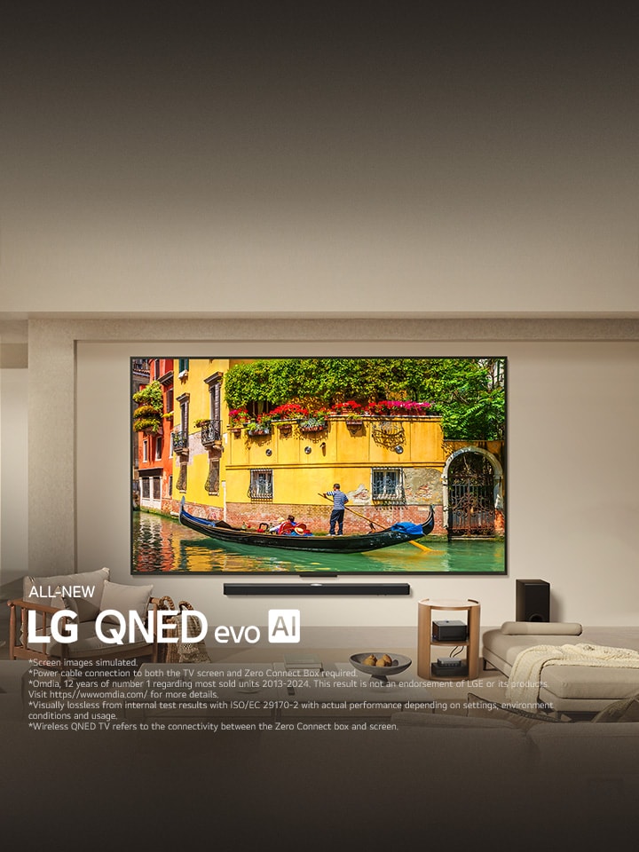 LG QNED9M mounted above a LG Soundbar in a modern living space. Zero connect box sits inside a coffee table.