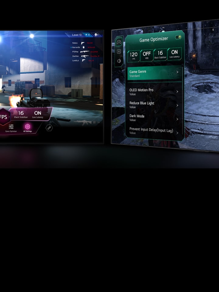 Two LG TVs show gameplay. The left monitor shows Game Dashboard and the right monitor shows Game Optimizer, both appearing on top of the game.