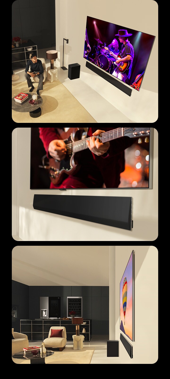 Trois images défilent en séquence. Un couple regarde un concert sur un LG OLED evo G4 avec la LG Soundbar SG10TY parfaitement assortie dans un espace de vie moderne, tandis que la même image avec un homme regardant la télévision est montrée sur un appareil mobile. Puis, on aperçoit plus bas une vue inclinée du bas du LG OLED TV et de la LG Soundbar. On y découvre également une vue de profil d’un LG OLED evo G4 et d’une LG Soundbar SG10TY, tous deux aux dimensions incroyablement fines et ne présentant pratiquement aucun espace contre le mur. 