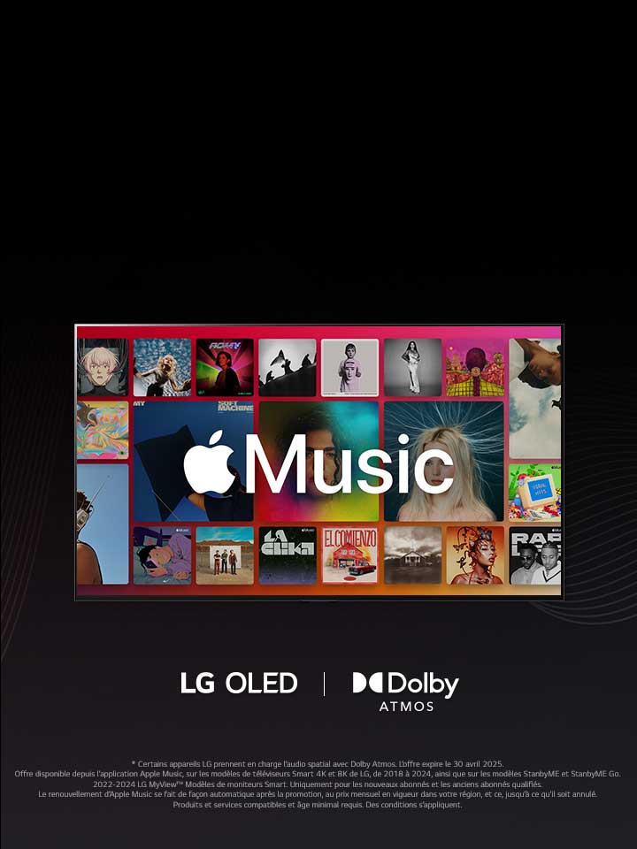 Une grille d’albums avec le logo Apple Music en surimpression, et les logos LG OLED et Dolby Atmos en dessous.