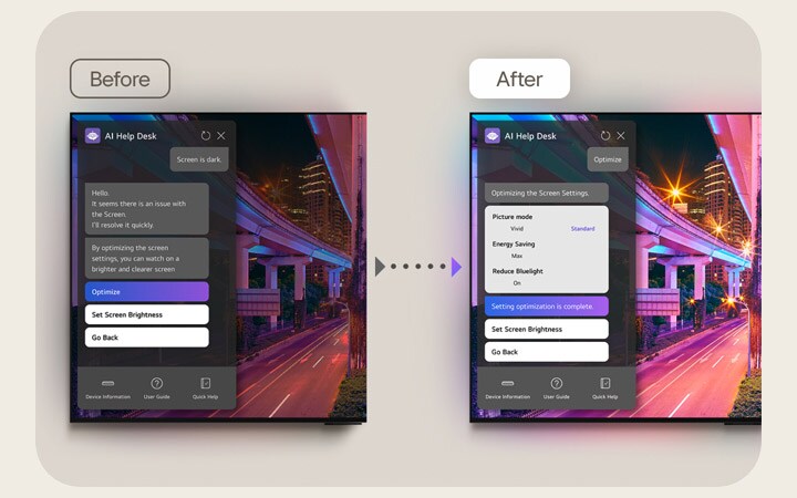 Les images avant et après d'un LG TV sont affichées côte à côte. L'écran précédent présente une image sombre avec une fenêtre contextuelle pour le AI Help Desk. L'utilisateur écrit dans le chat : « L'écran est sombre ». La réponse est la suivante  : « Bonjour, il semble qu'il y ait un problème avec l'écran. Je vais le résoudre rapidement. En optimisant les paramètres de l'écran, vous pouvez obtenir un écran plus lumineux et plus clair ». L'utilisateur clique sur le bouton Optimiser. L'écran suivant offre une image plus claire et plus lumineuse. La fenêtre contextuelle du AI Help Desk indique : « Optimisation des paramètres de l'écran ». Mode image = éclatant. Économie d'énergie = max. Réduction de la lumière bleue = activée. L'optimisation des réglages est terminée ».
