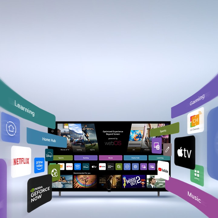 Téléviseur Smart de LG affichant l’écran d’accueil webOS avec des applications de divertissement et des éléments d’interface utilisateur LG Channels qui s’étendent dynamiquement vers l’extérieur, mettant en évidence plus de 4 000 applications et les chaînes globales.