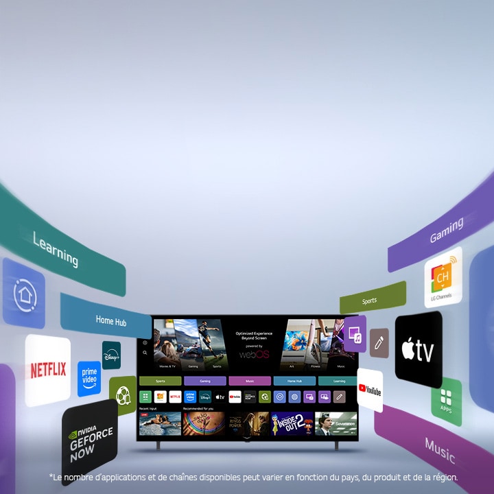 Téléviseur Smart de LG affichant l’écran d’accueil webOS avec des applications de divertissement et des éléments d’interface utilisateur LG Channels qui s’étendent dynamiquement vers l’extérieur, mettant en évidence les applications et les chaînes globales.
