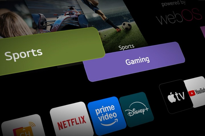 L’interface du téléviseur Smart de LG présente des boîtes de catégories animées qui s’intègrent parfaitement à l’écran d’accueil webOS, mettant en valeur l’accès personnalisé au contenu par le biais d’un hub intelligent unifié.